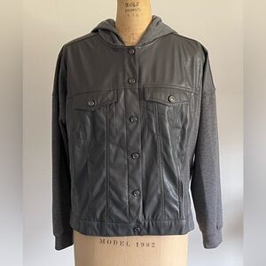 DG2 Diane Gilman gray faux leather front hooded jacket
